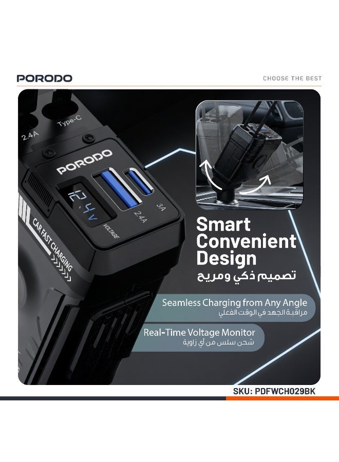 porodo 66W Car Charger with Lightning & Type -C Integrated 80m Wires / Voltage Monitor / Universal Compatibility / Simultaneous Charging - Black - Image 3